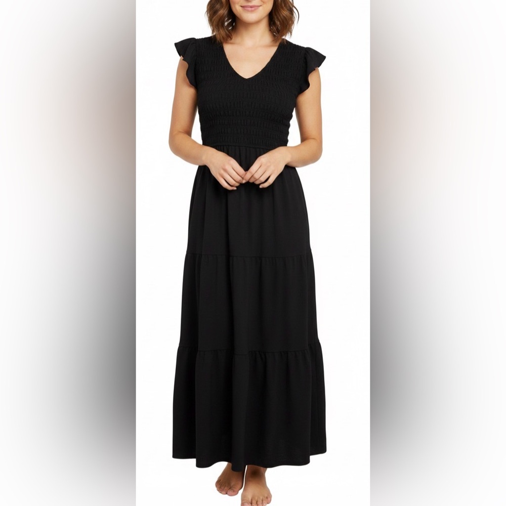 By the River Black Smocked V-Neck Tiered Boho Peasant Maxi Dress Size Large